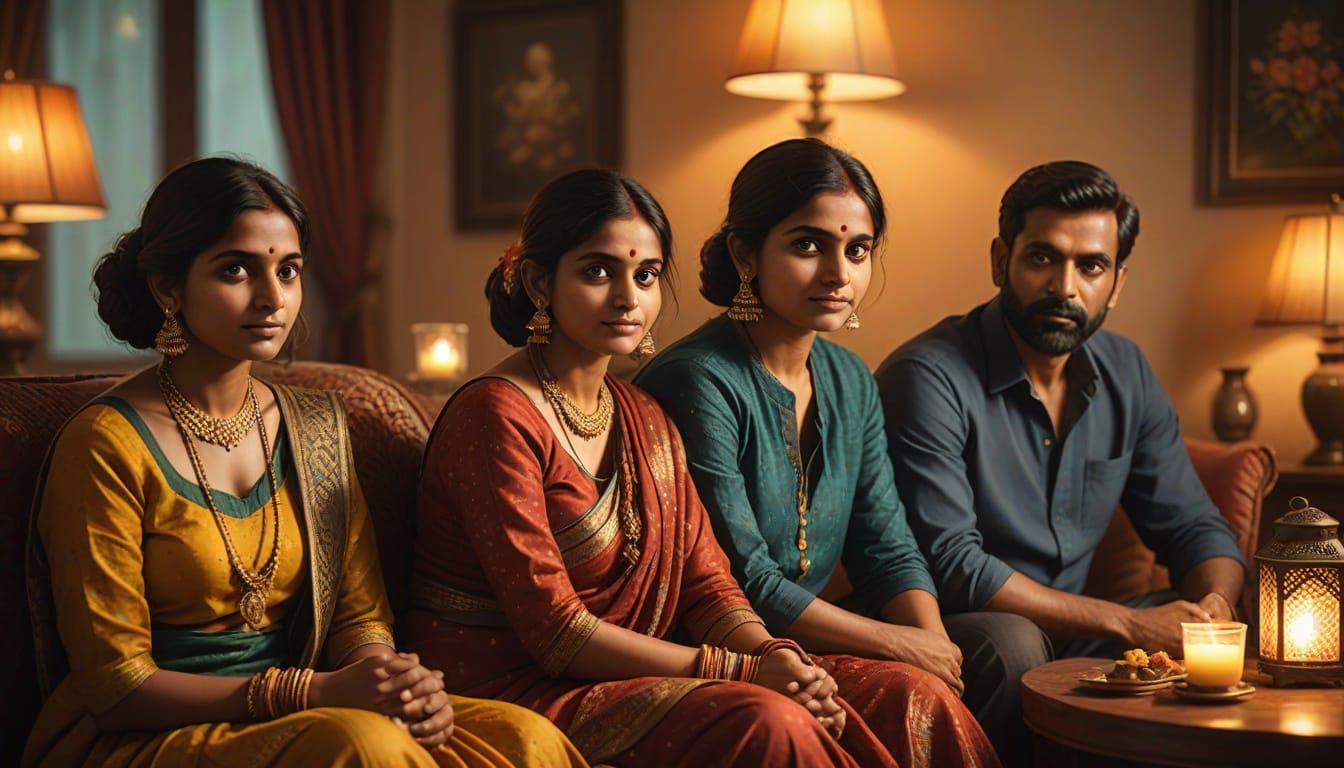 Warm Family Portrait in Traditional Indian Living Room