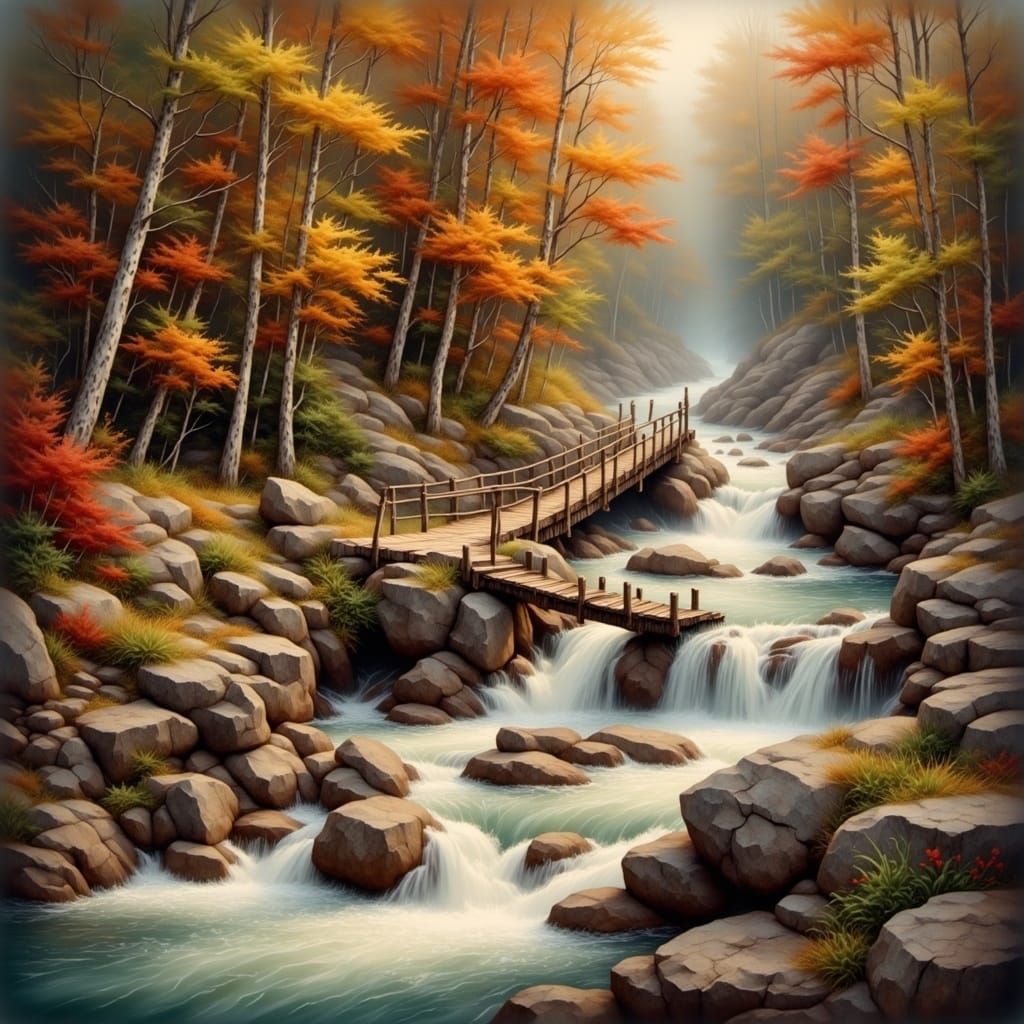 Ethereal Autumn Bridge in Golden Hour Light