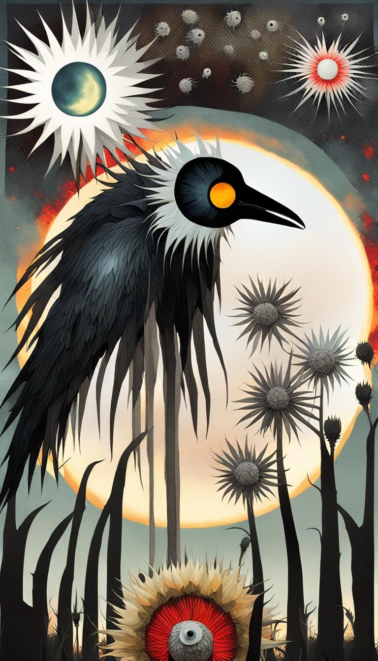 (fade:3.0) (blend:3.0) blend, (blur:3.0), Side profile of a crow with an over exaggerated caricature feature eye, with a...