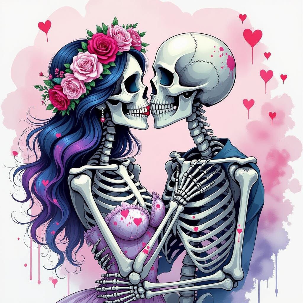 Romantic Gothic Skeletons Kissing with Floral Crown