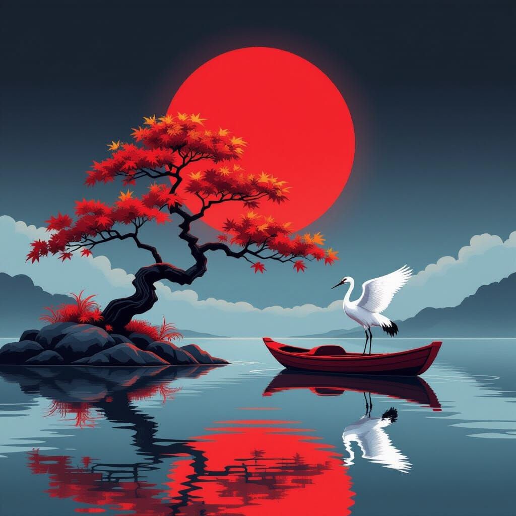 Red Boat and Autumn Maple in Vector Art Style