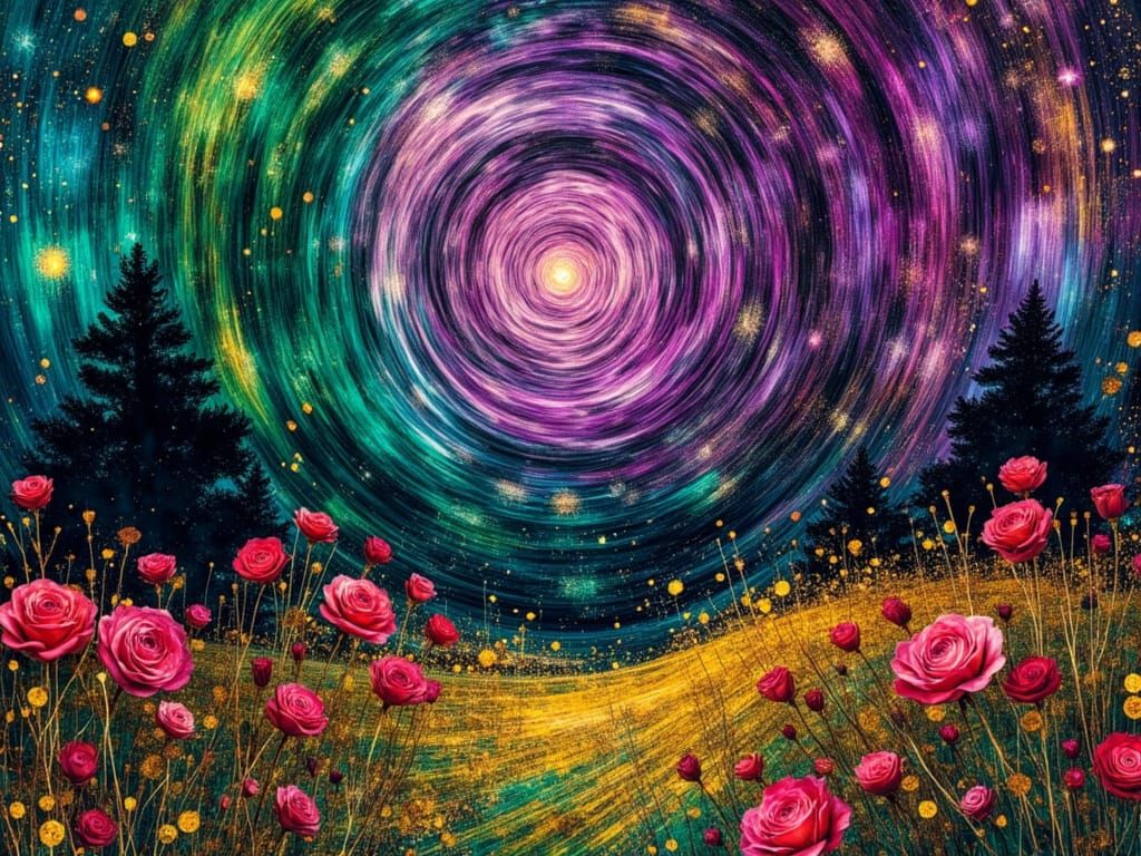 Psychedelic Rose Garden at Night with Cosmic Sky