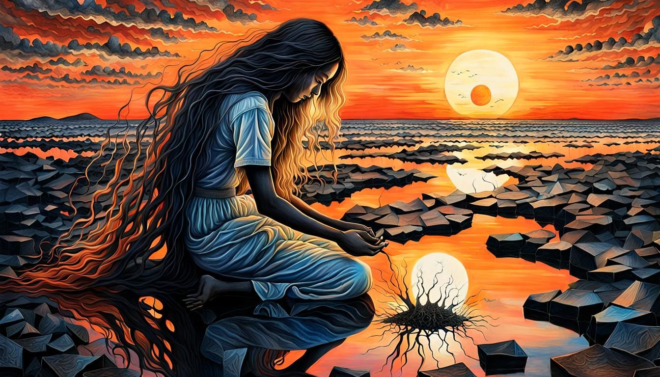 Surreal Bio Art Drawing: Woman, Sunset, Cracked Mirrors