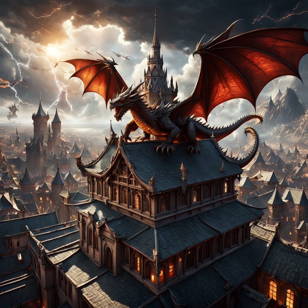 Epic Dragon Battle Over Castle in High-Fantasy Art