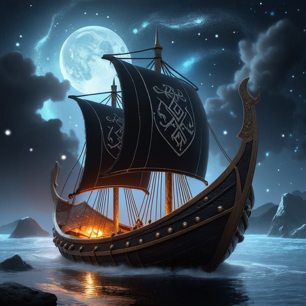 Viking Longship Illuminated by Celestial Bodies in Charcoal