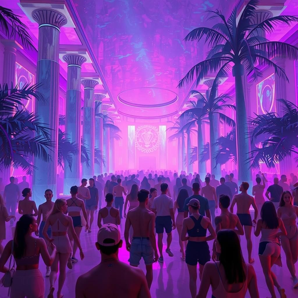 Vibrant Dancefloor with Holographic Pillars in Neon-Noir Sty...