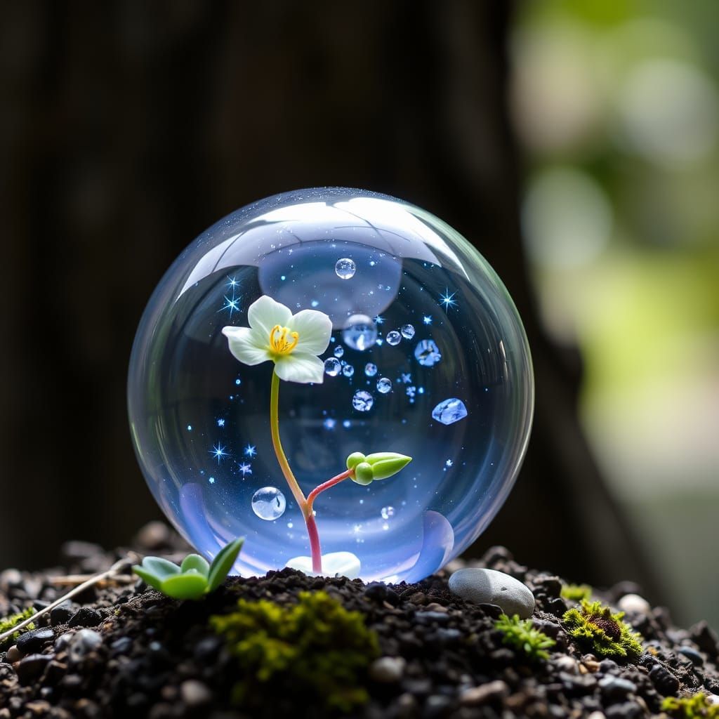 Cosmic Garden with Orchid Faces and Glowing Marble