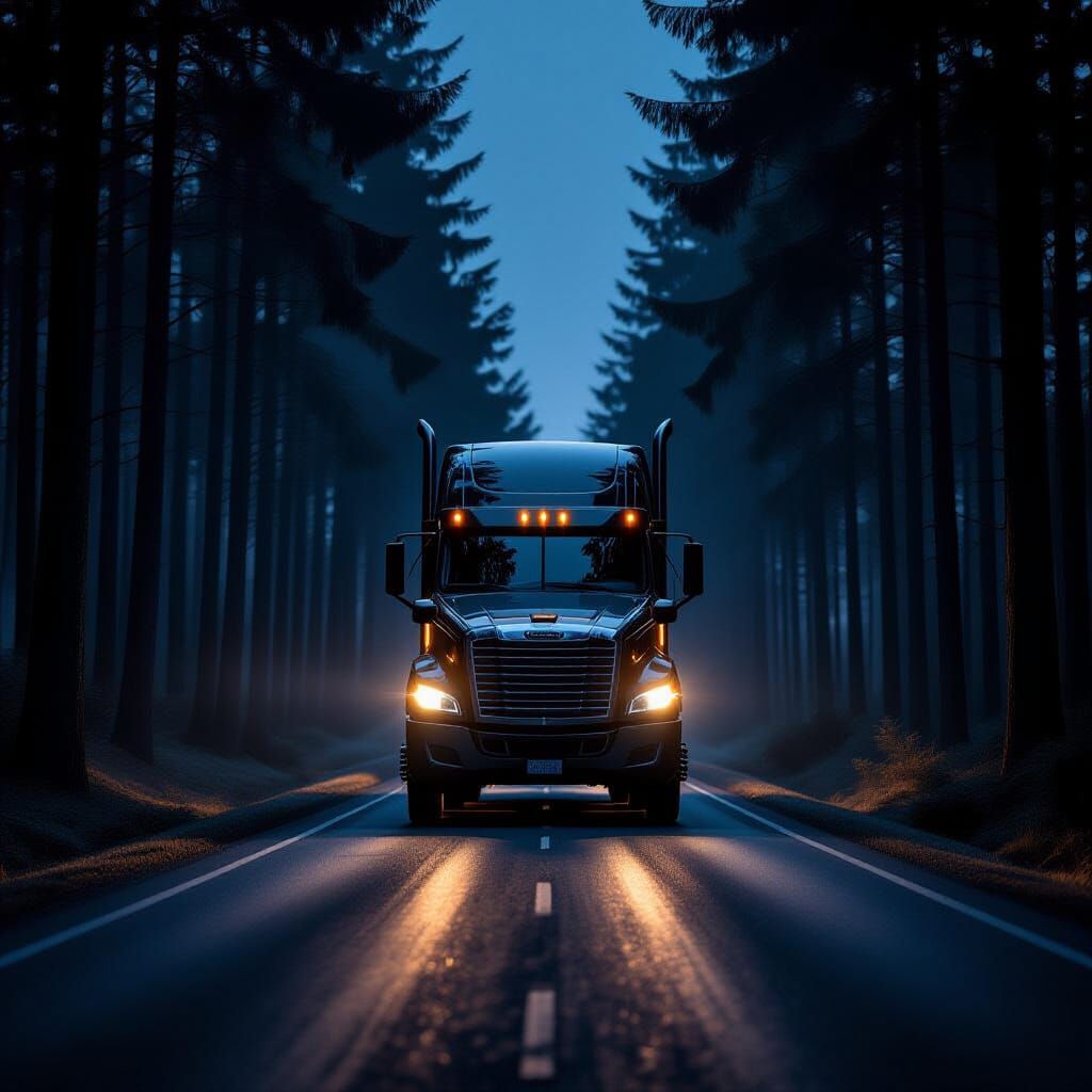 Heavy Truck Night Drive on Dark Forest Road