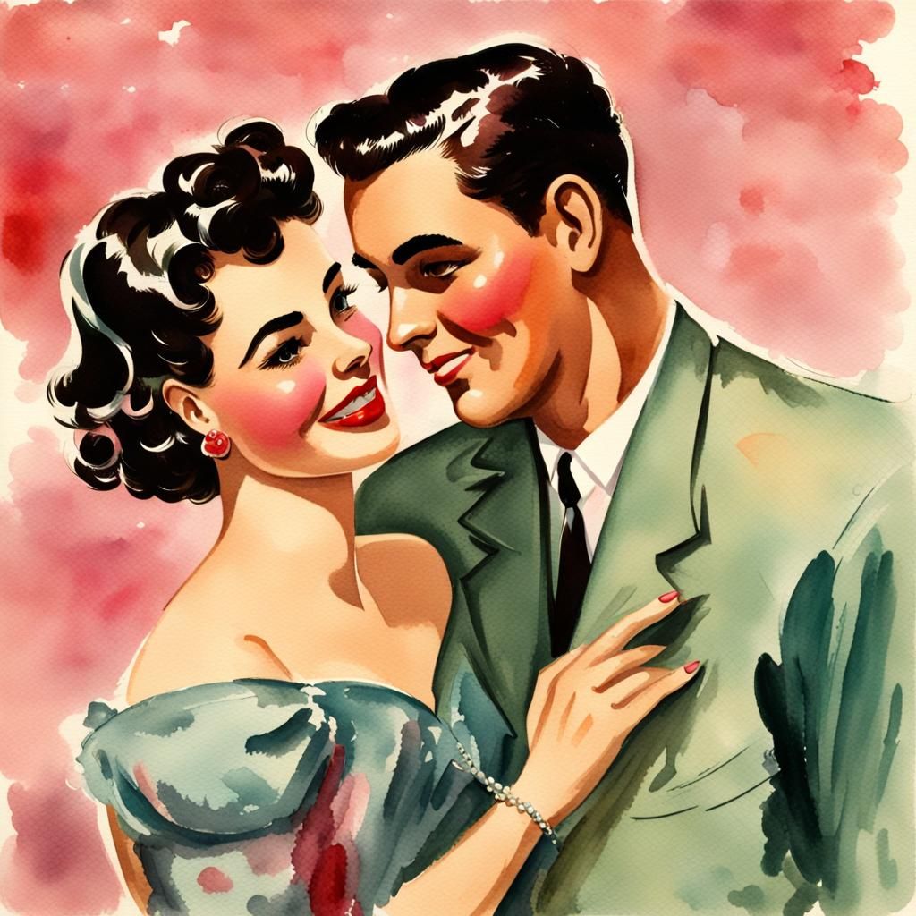 Vintage 1950s Couple in Watercolor Style