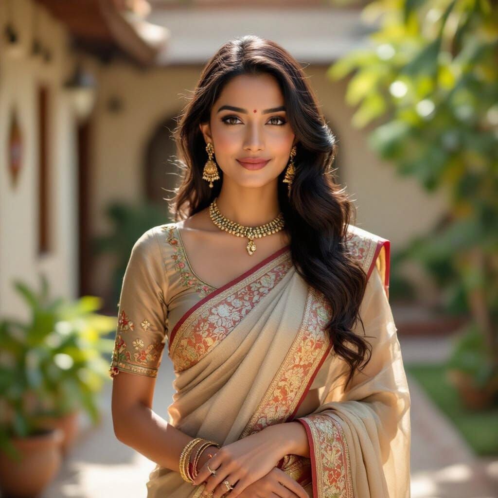 Indian Woman in Traditional Saree, Realistic Portrait