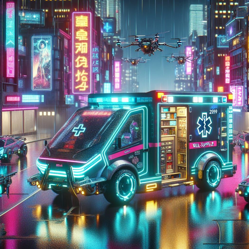 Cyberpunk Ambulance in Neon Cityscape, Year 2099