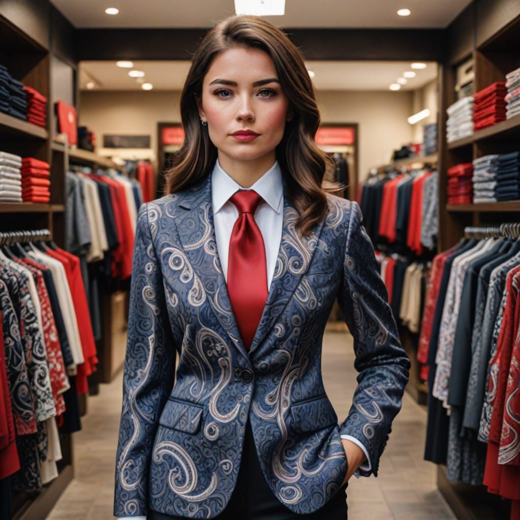 Businesswoman in Elegant Paisley Tie in Front of a Scarf Sho...