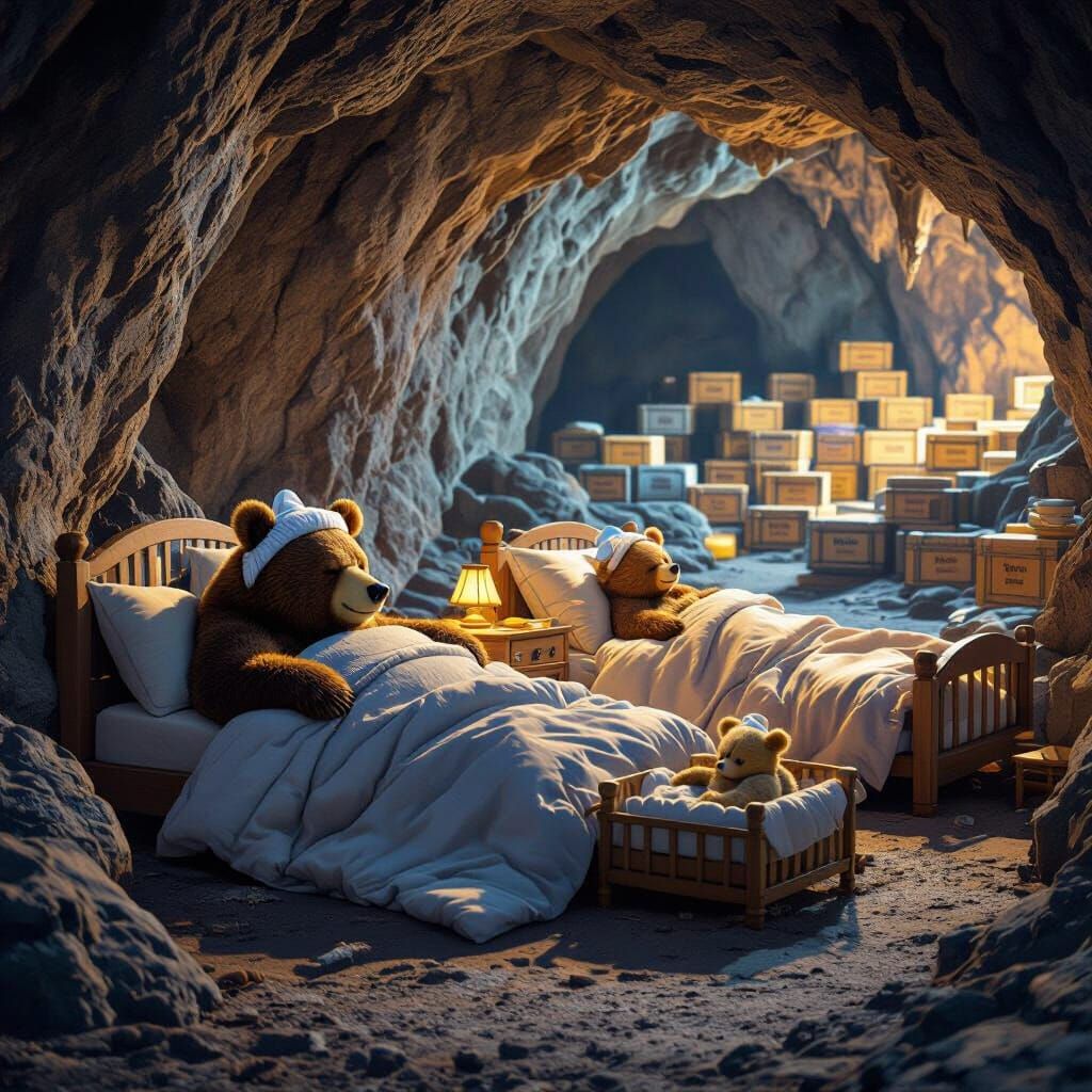 Bear Family Sleeping in Cozy Cave Beds