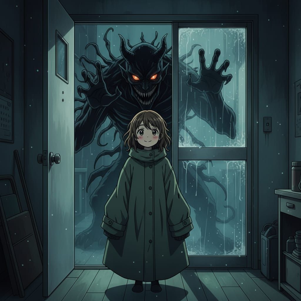 Girl in Doorway Confronts Demon in Horror Anime Style