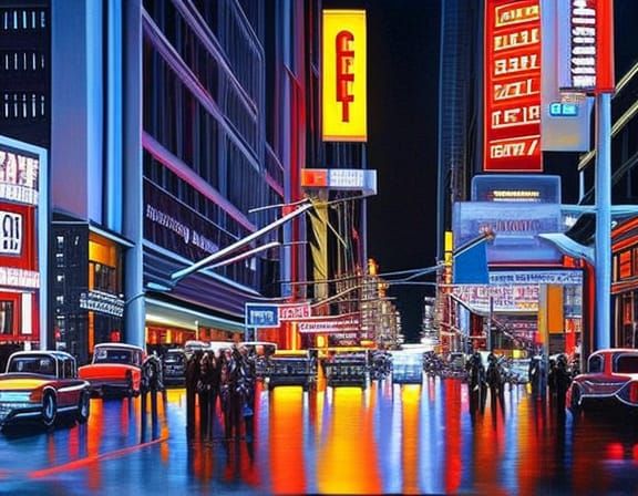 Nighttime City Street Scene in Hyperrealism Style