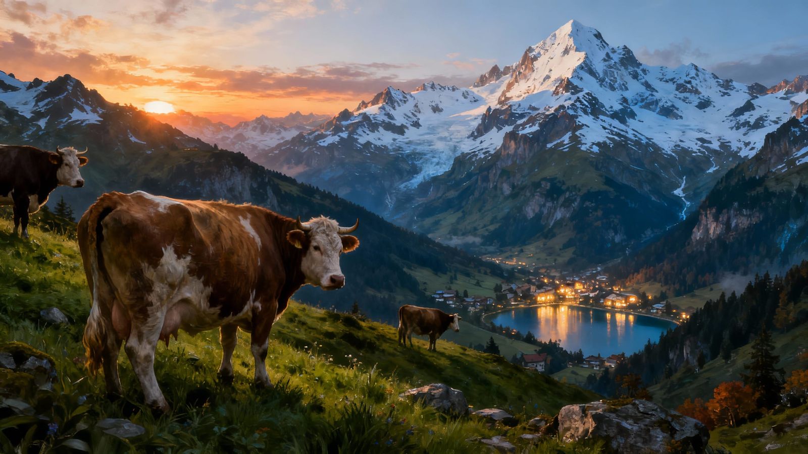 Fantasy Swiss Alps Landscape with Cows and Villages