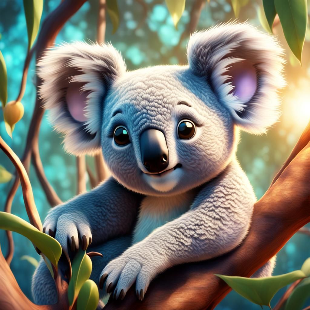 Adorable Baby Koala in Gum Tree: 3D Digital Art