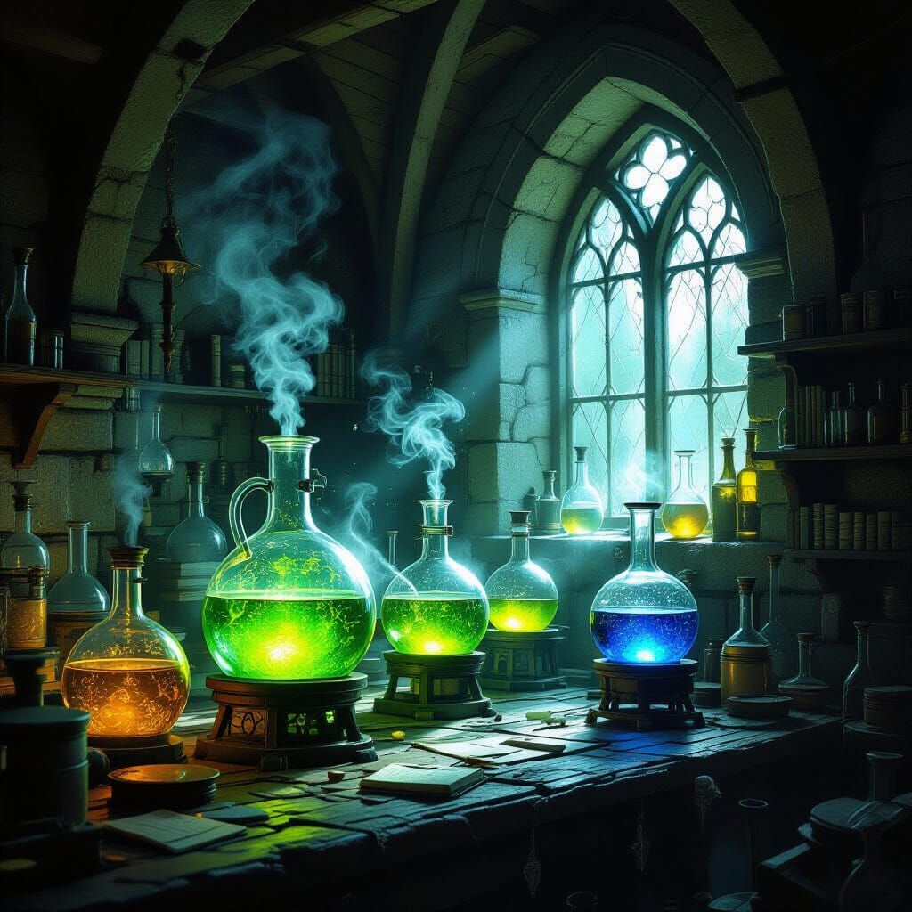 Medieval Alchemy Lab with Glowing Liquids and Smoke