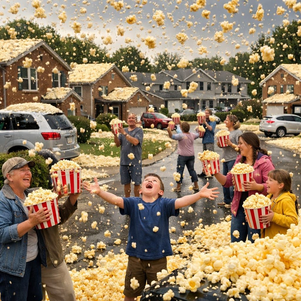 Suburban Cul-de-Sac Rains Popcorn in Photorealistic Style