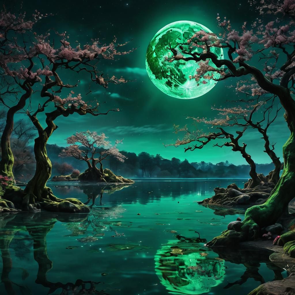 Emerald Moon Over Serene Lake in Surreal Style