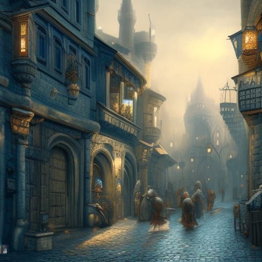 Blue Medieval Castle Street Scene in Detailed Matte Painting