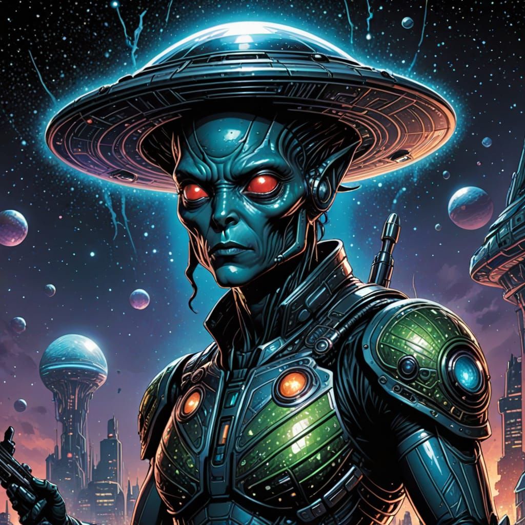 Surreal Alien Emerges from Shimmering UFO in Cosmic Comic Bo...