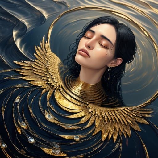 Melancholic Angel Cries by River in Golden Light