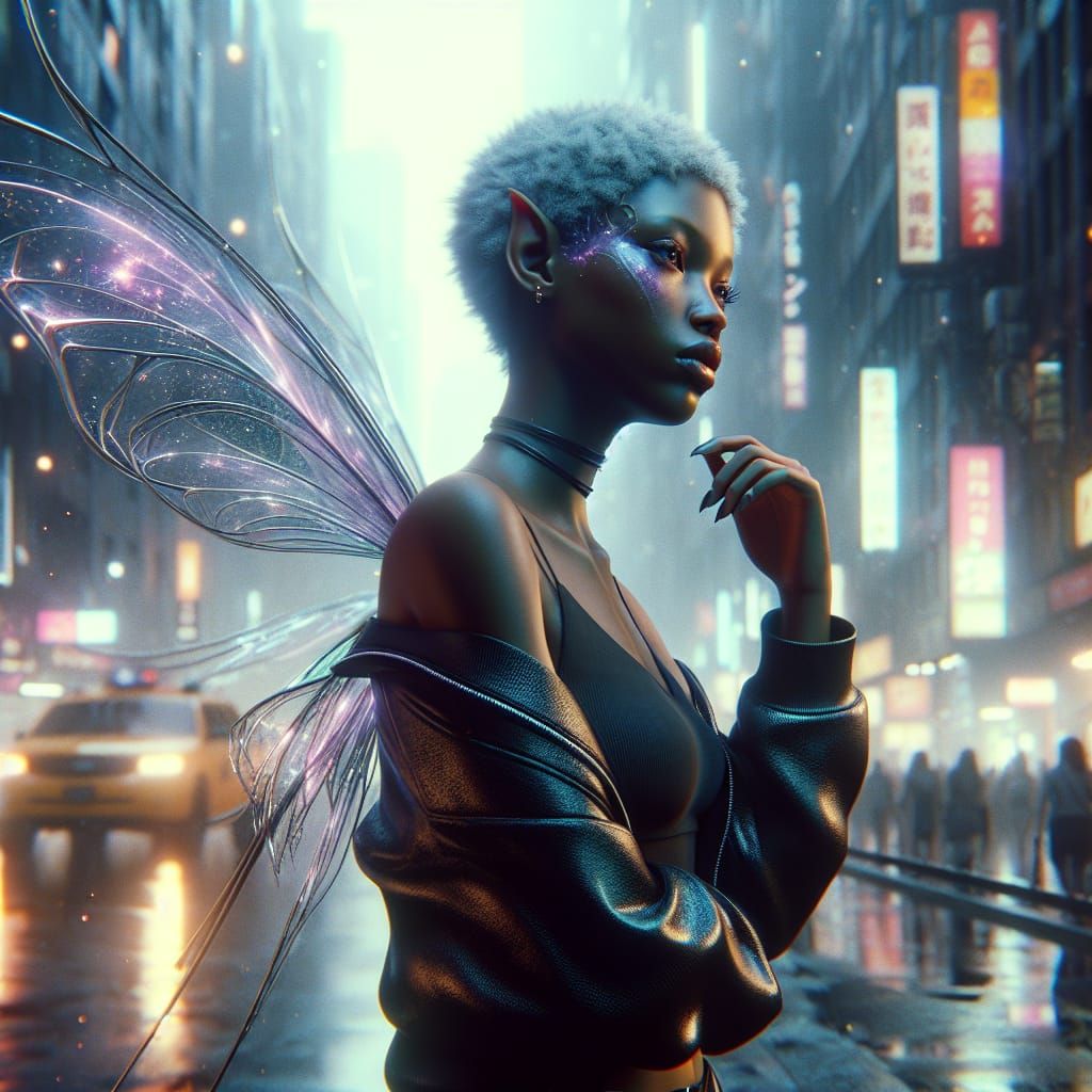 Cyberpunk Fairy in Detailed Cityscape