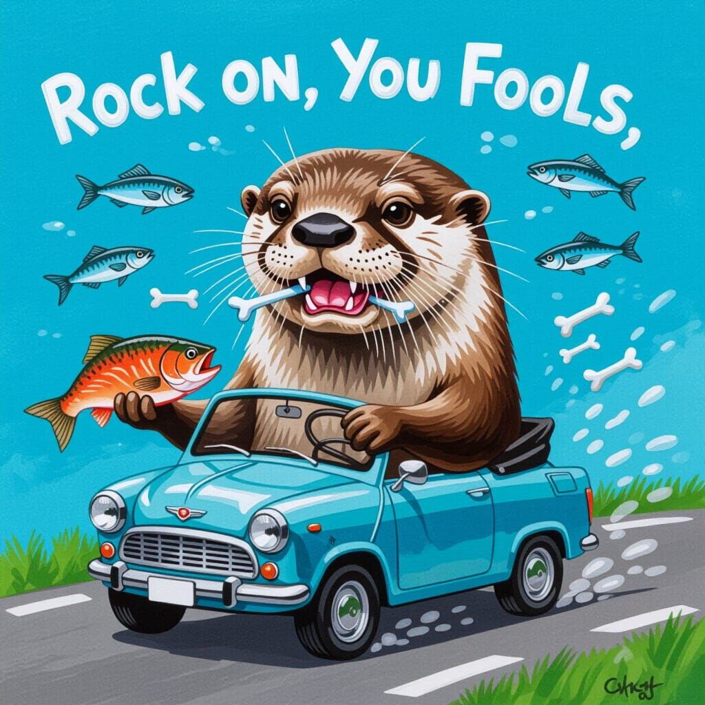 A happy-looking otter, with squinting eyes and small fish bones...Cars