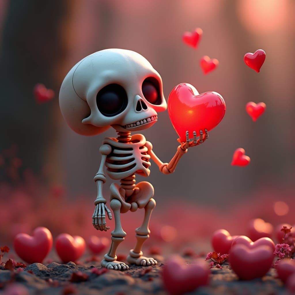 Adorable Skeleton Offers Heart in Dreamy Fantasy Art