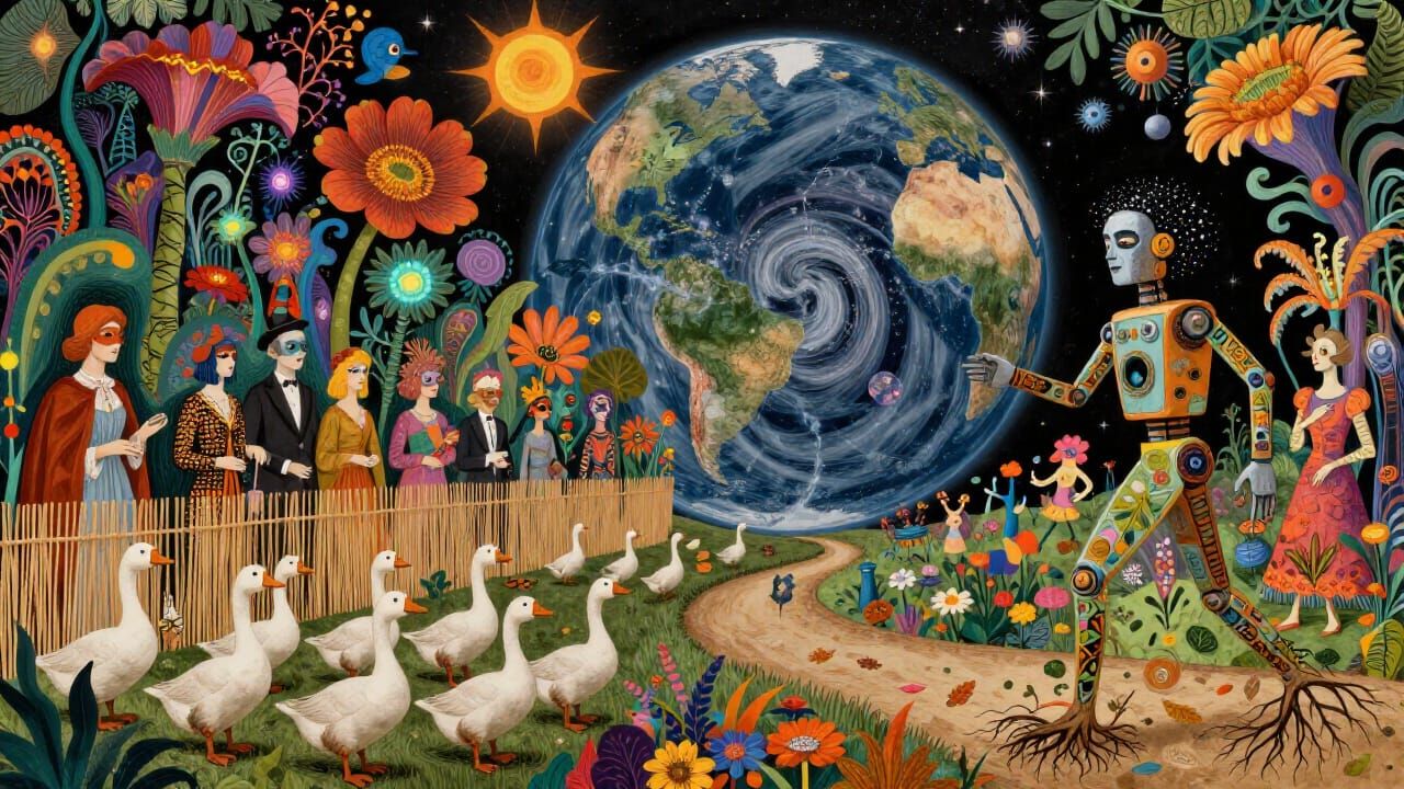 Surreal Earth View: Figure on Path to Cosmic Whirlpool