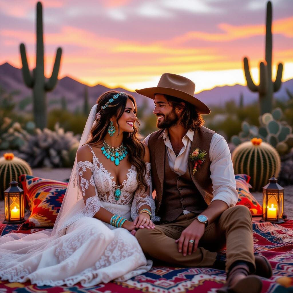 Bohemian Wedding in Desert Oasis at Sunset