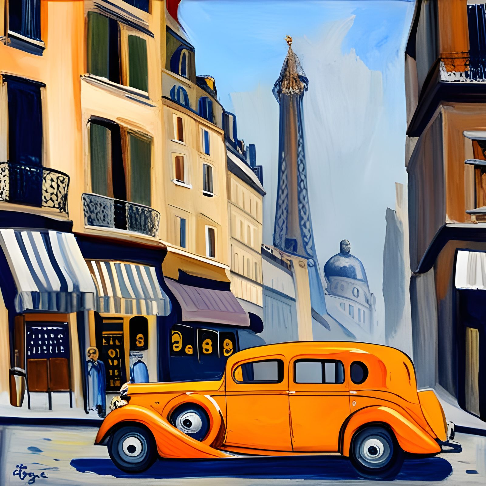 Rolls Royce in 1930s Paris: Gouache-Style Masterpiece