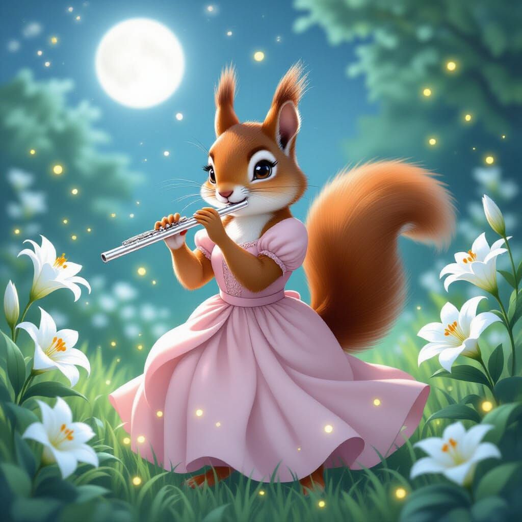 Red Squirrel Plays Flute in Moonlit Garden with Fireflies