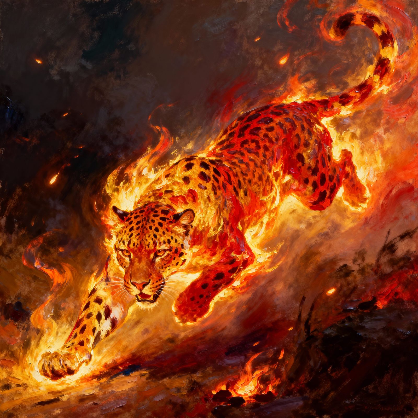 Fiery Leopard Pouncing in Dramatic Impasto Painting