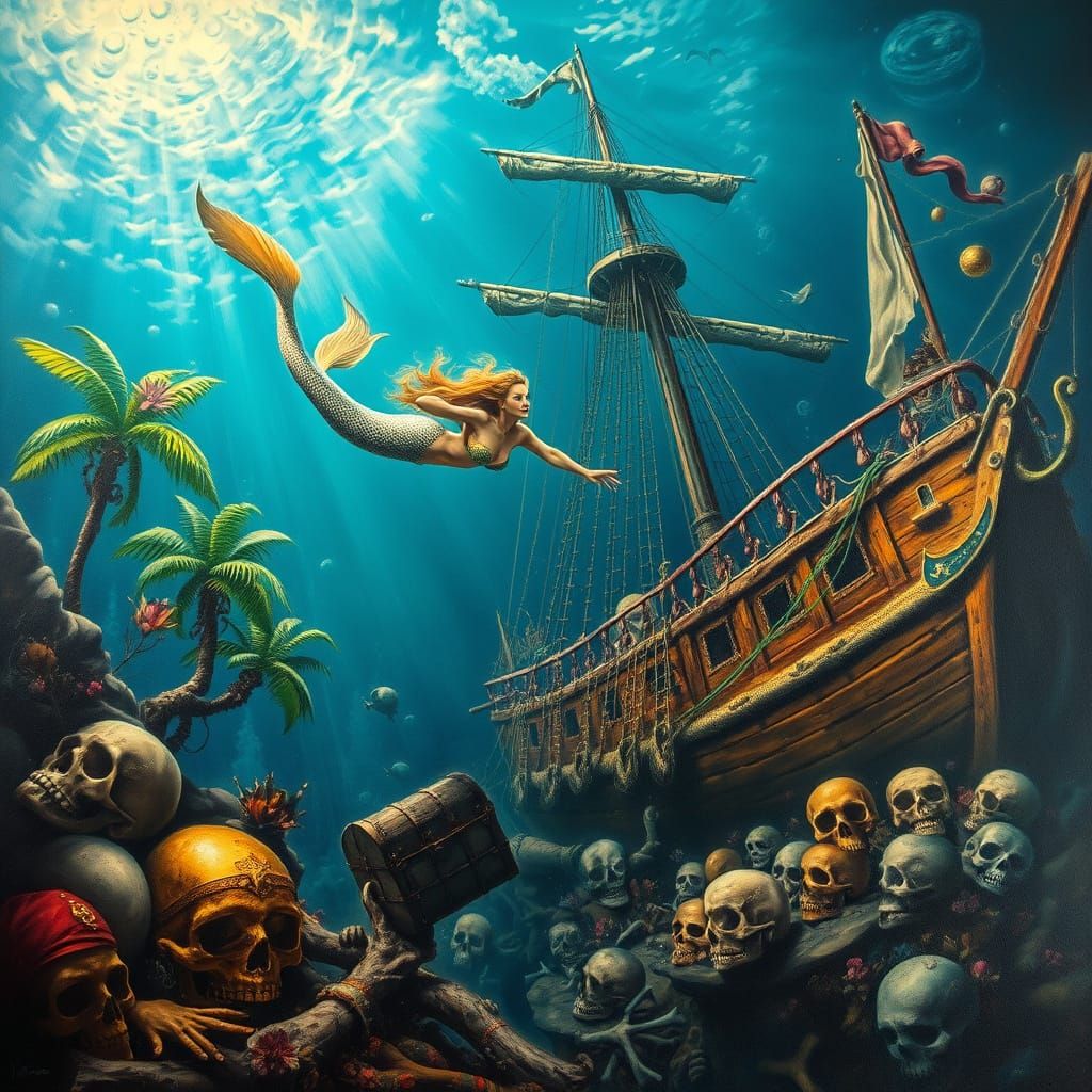 Mermaid and Sunken Pirate Treasure: Oil Painting