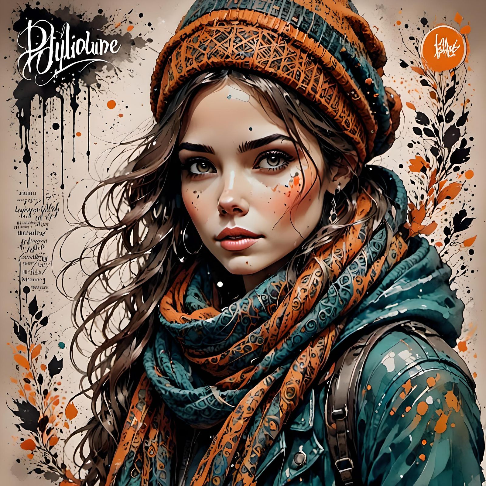 Charming Girl Portrait with Calligraphic Ink Lettering