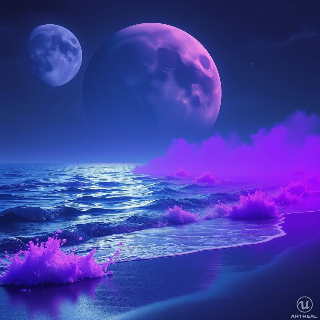 Surreal Alien Night Scene with Majestic Moon and Rolling Mis...