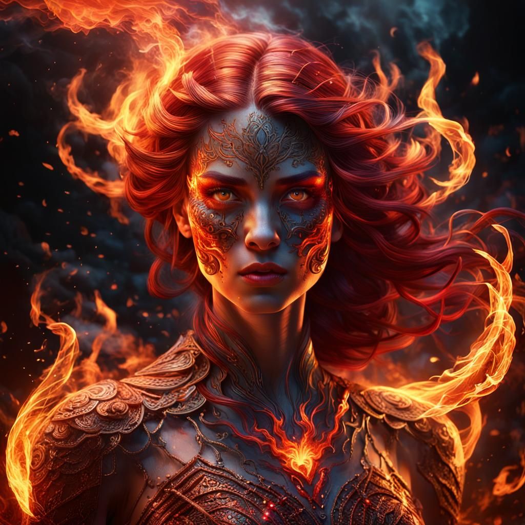 Fiery Woman with Burning Eyes in Fantasy Art
