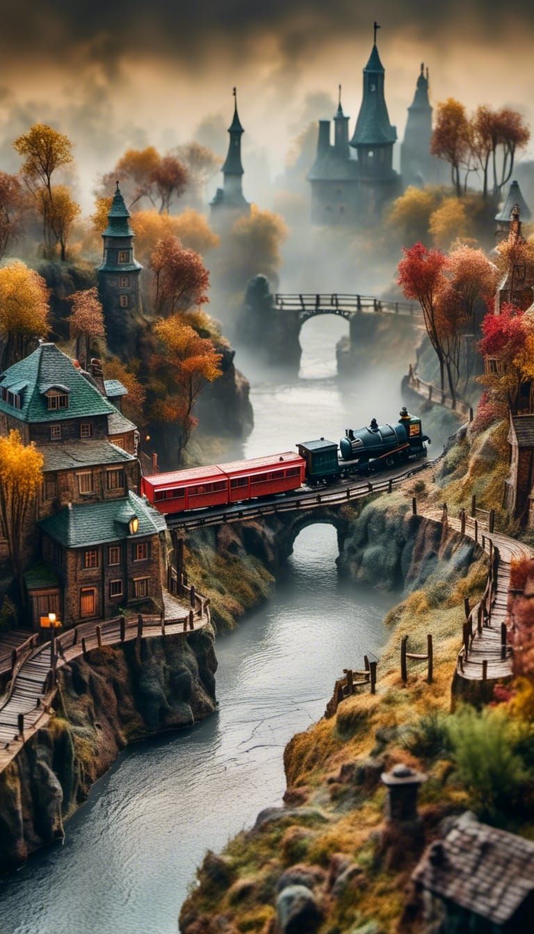 Intricate Miniature Train Set in Kinetic Pointillism