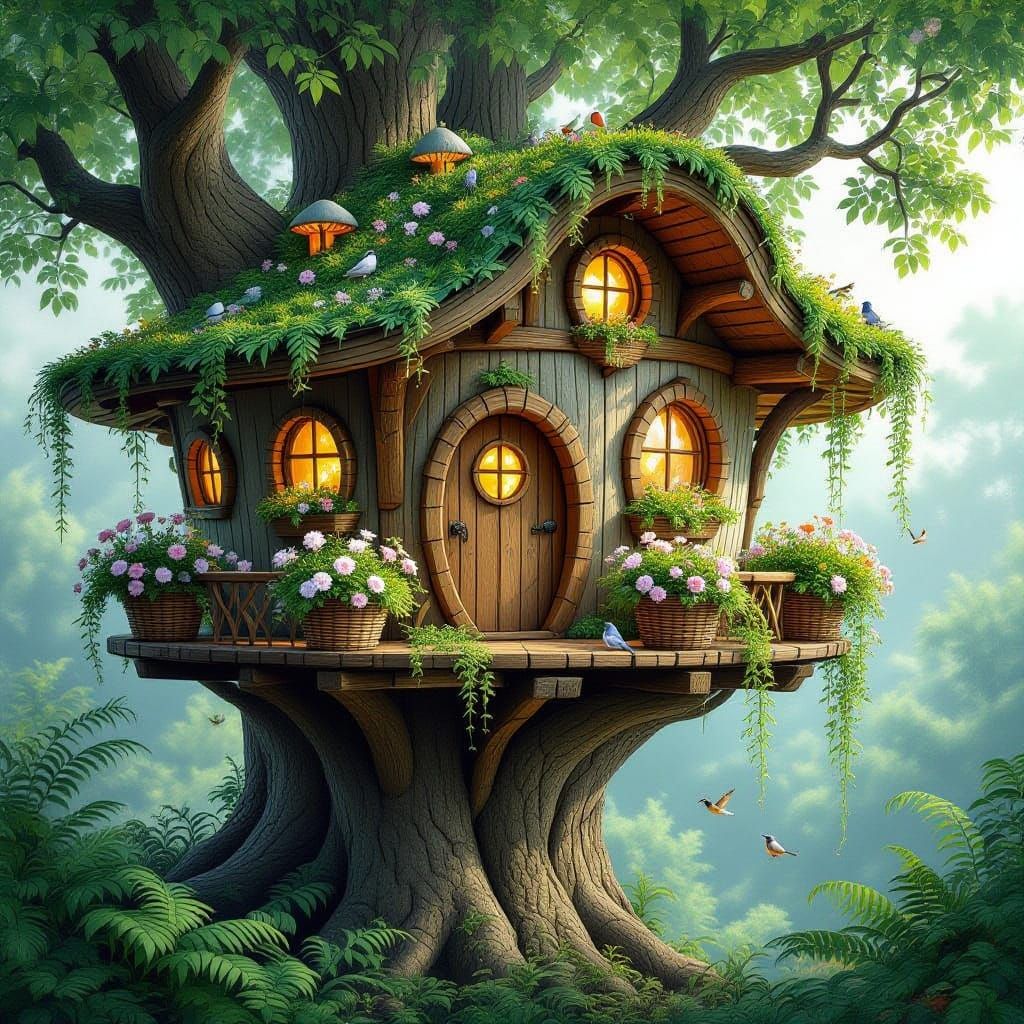 Whimsical Treehouse Sanctuary in Dreamy Luminous Style