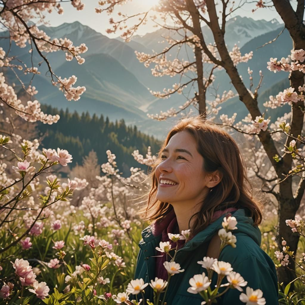 Woman Smiles Amidst Vibrant Spring Landscape