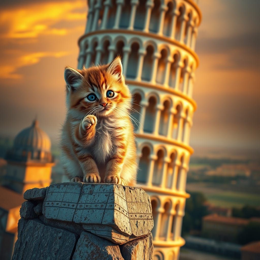 Fluffy Kitten on the Leaning Pisa Tower