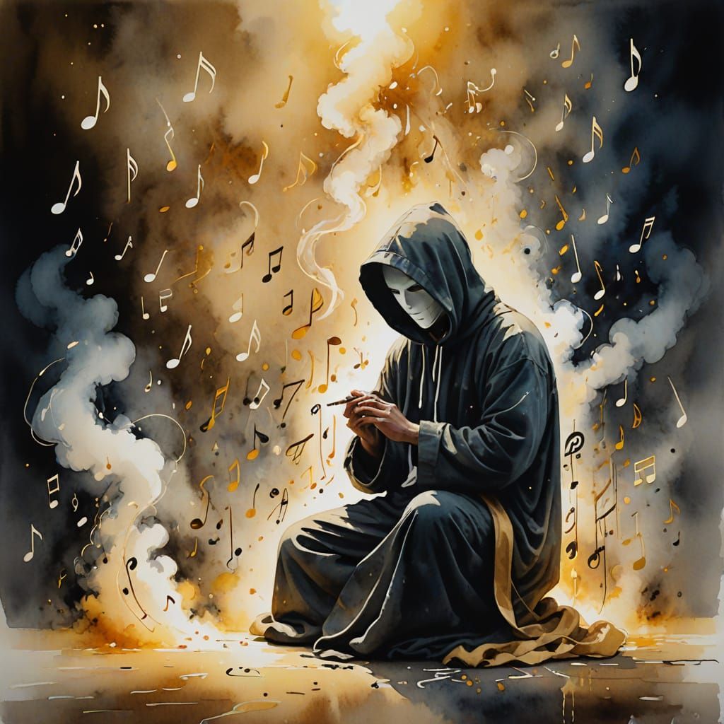 Ethereal Watercolor of Hooded Figure Releasing Smoke