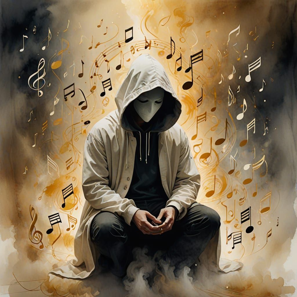 Mystical Figure Kneeling Amidst Musical Notes