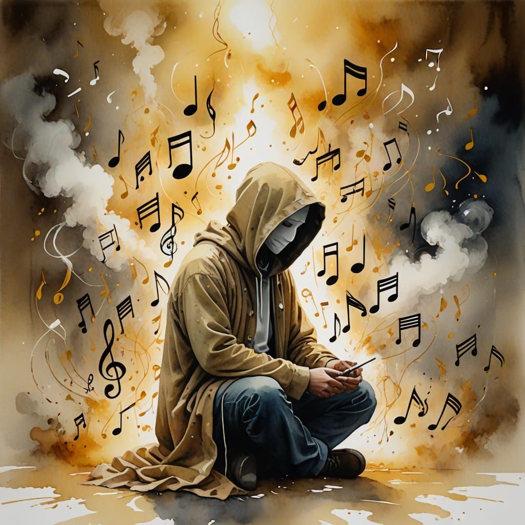 Ethereal Watercolor of Hooded Figure Releasing Smoke