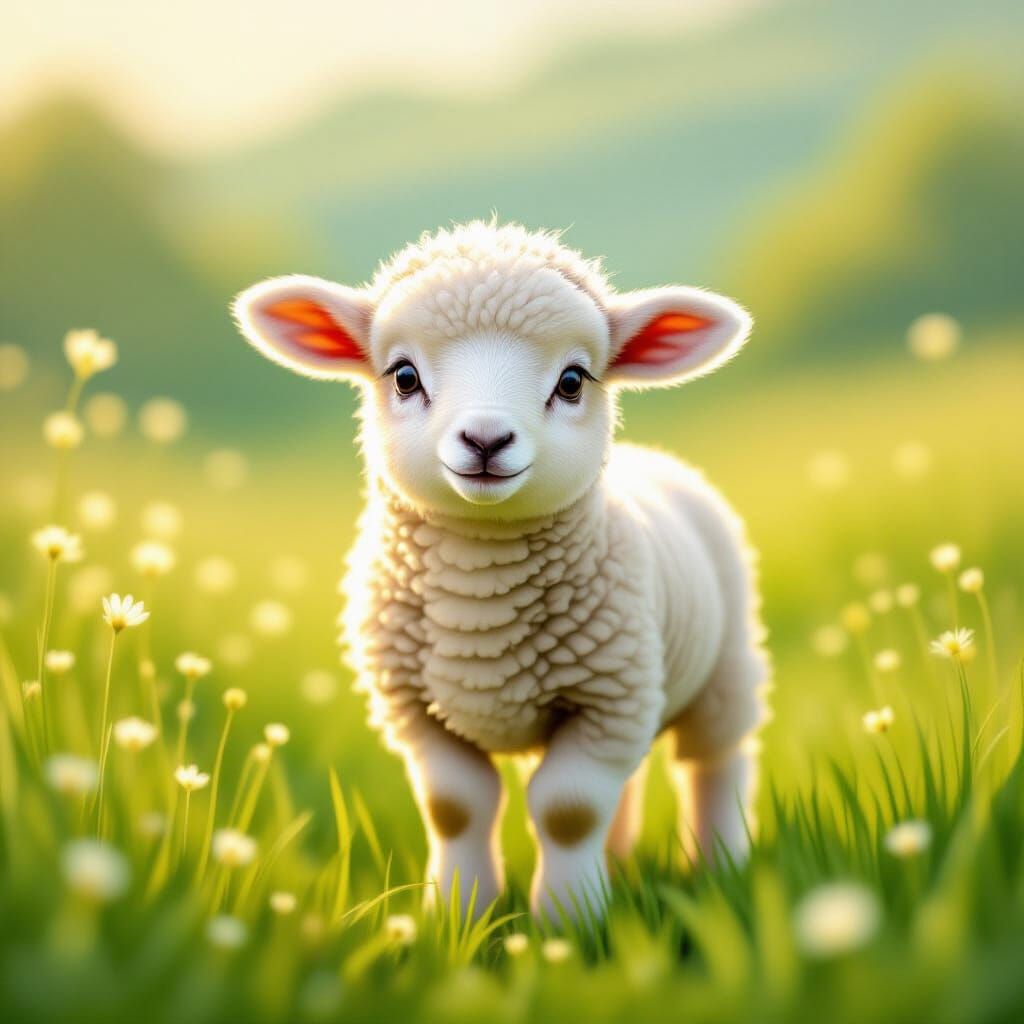 Timid Lamb in Meadow: Whimsical Art