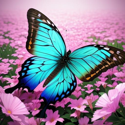 Vibrant Butterfly Lands on Delicate Flower in Dreamlike Gard...