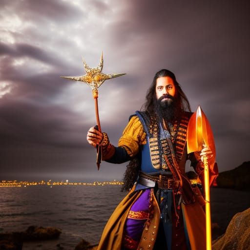 Pirate Mage Casting Spell on Ship at Dusk