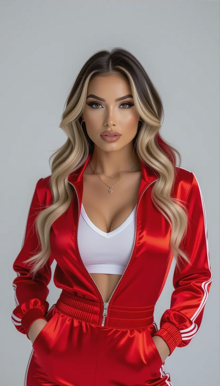 Latina Woman in Red Satin Tracksuit with Bold Hair